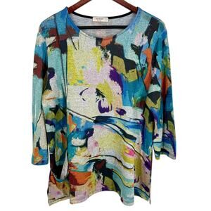 Jess & Jane Sz Large Blue Knit Artsy Wearable Art Stretchy Blouse Shirt Top